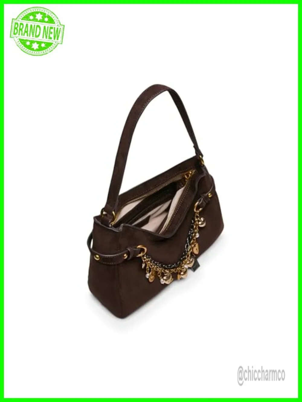 Charm Hobo Shoulder Bag with Zipper Closure Faux Suede
